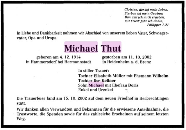 Thut Michael 1914-2002 Todesanzeige